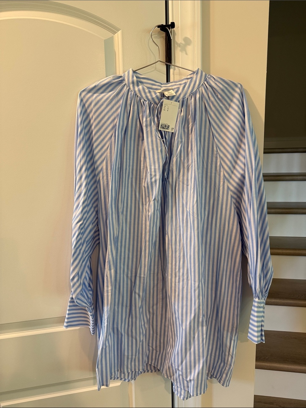 H&M Light Blue and White Long-Sleeve Striped Dress